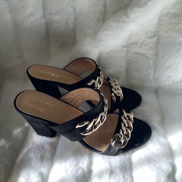 Rouge gold tone chain decor faux suede black heels size 9 - Picture 1 of 14